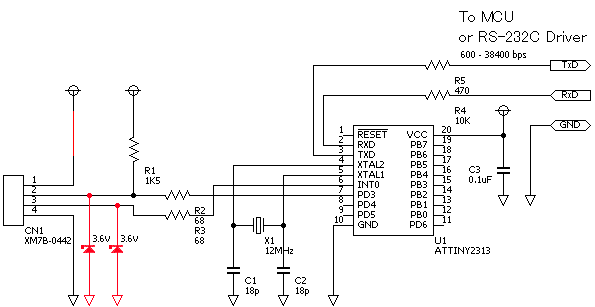 Схема преобразователя UART to USB на ATtiny2313 мод